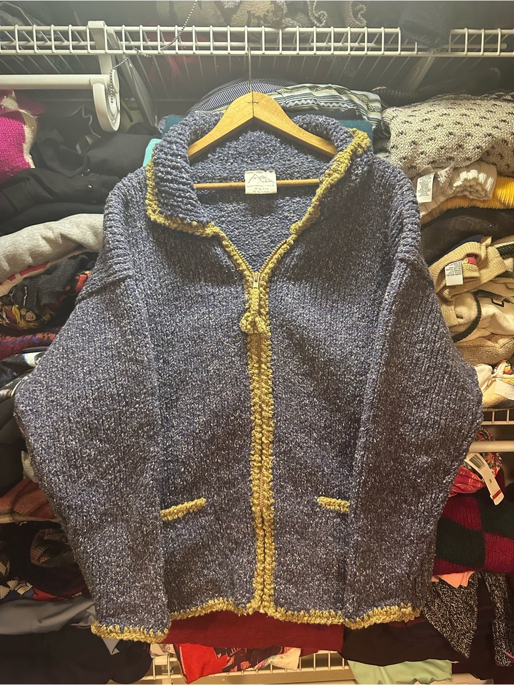 Vintage Ande Wear Hand Knit Wool Cotton Blue Zip Cardigan Sweater Women’s Medium